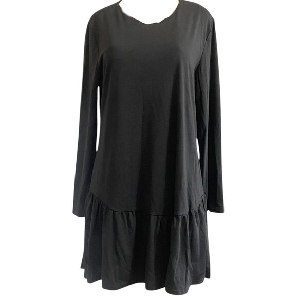 Women’s Black Long Sleeve Relaxed Fit Layered Dress XL Knee Length Self Tie Belt - Picture 8 of 10